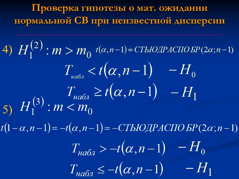 4) Проверка гипотезы о мат. ожидании нормальной СВ при неизвестной дисперсии 5) 4) Проверка гипотезы о мат. ожидании нормальной СВ при неизвестной дисперсии 5)